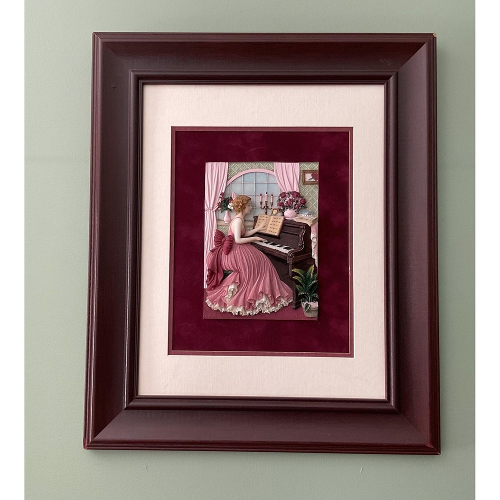 3D Victorian Wall Art Girl Playing Piano Outlined by Red Velvet Fabric.